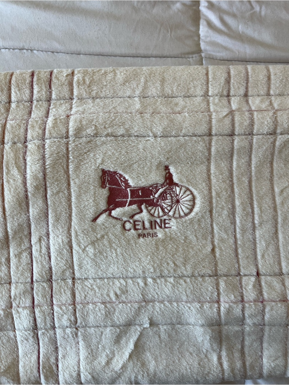 CELINE Paris Cream and Burgundy Quilted Throw